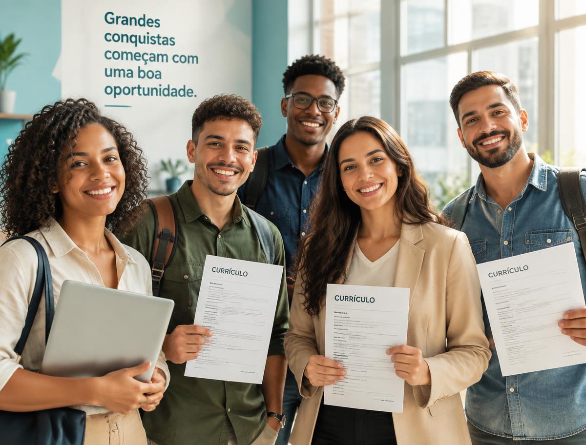 Candidatos sorrindo segurando seus currículos